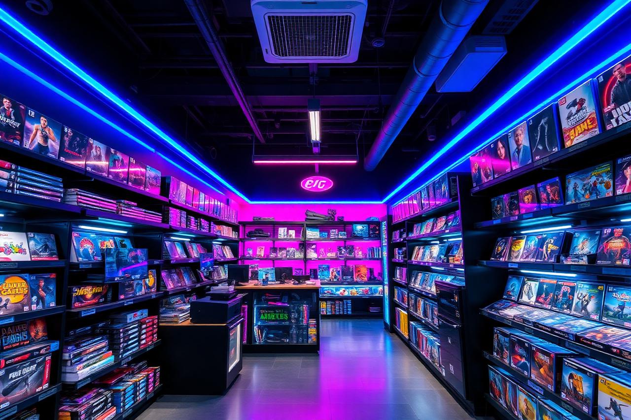 Interior da loja física NewGames com iluminação neon